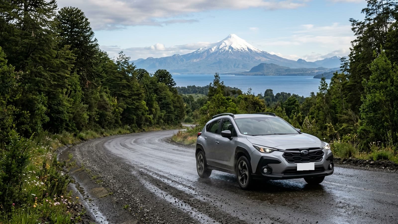 SUV gris circulando por un camino húmedo del sur de Chile con volcán y lago de fondo
