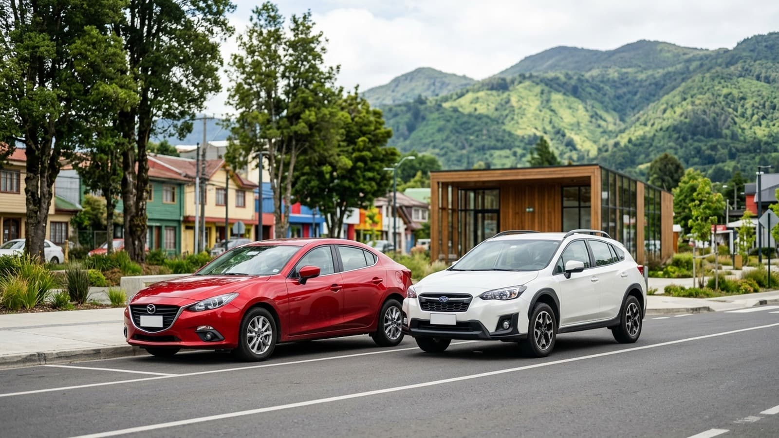 Sedán rojo y crossover blanco estacionados juntos en una calle del sur de Chile